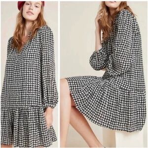 Maeve by Anthropologie Margaret Black / Off White Houndstooth Long Sleeve Dress